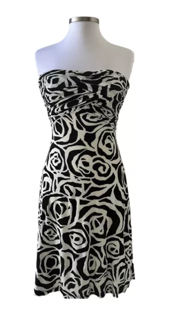 BeBe Black and White Print Strapless Shirred Bust Dress Size Small
