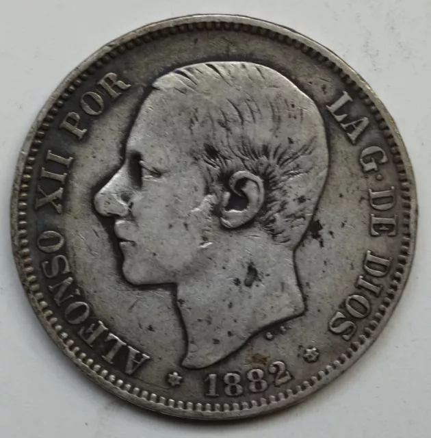 1882 Spain 5 Pesetas Alfonso XII .900 Silver Coin