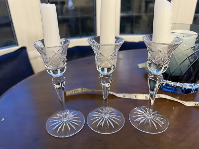 3 Waterford Lead Crystal Nocturne Candlesticks Cut Glass Pair Trio Signed Holder