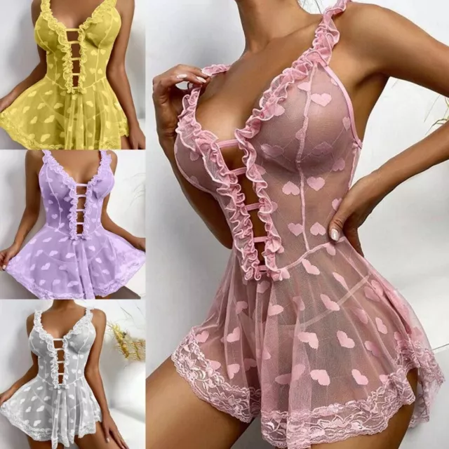 Plus Size Womens Lace Babydoll Sexy Lingerie Nightdress Nightie Sleepwear Robe