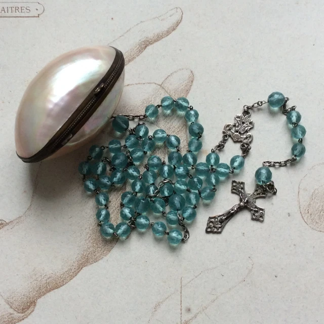 Rosary Antique Solid Silver Box Egg Mother-of-Pearl Angel Beads Glass 19th
