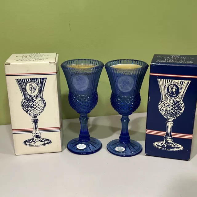 Vintage AVON Fostoria Cobalt Blue Glass Goblets George  & Martha Washington Set