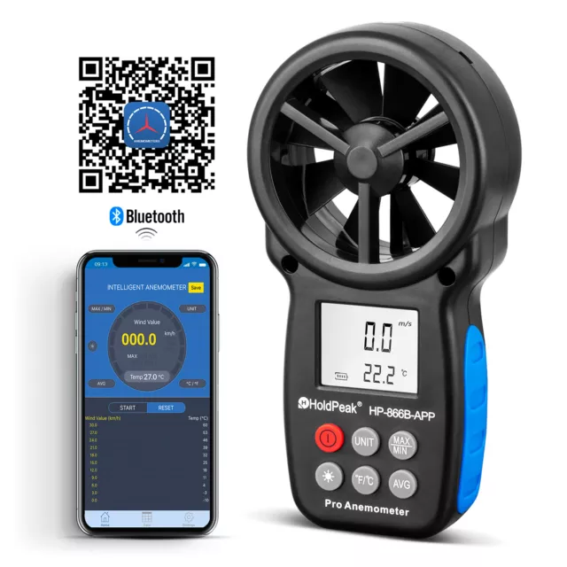 Digital Anemometer Handheld Wind Speed Gauge Air Flow Meter 0.3-30M/s Bluetooth