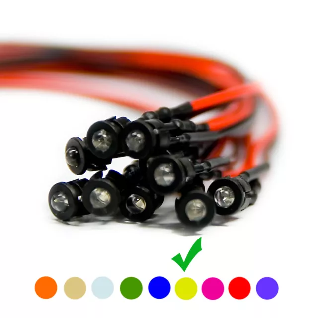 20 X à Câble Diodes LED + Plastique Support Filaire Jaune Clair Lentille 9V 3mm