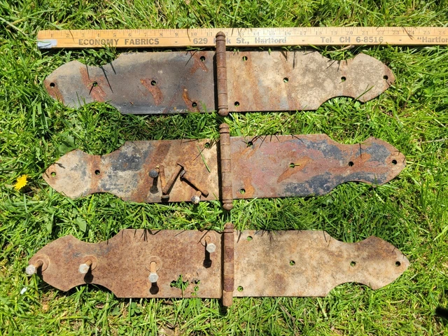 Antique Large 23" Cast Iron Hinges Flush Barn Door Gate Victorian Carriage House