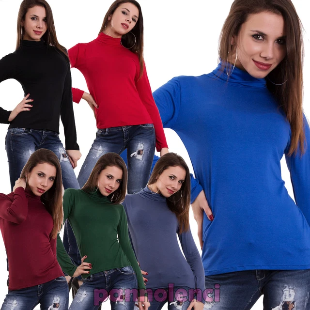 Maglia lupetto manica lunga collo alto jersey viscosa maglietta blusa donna CC26