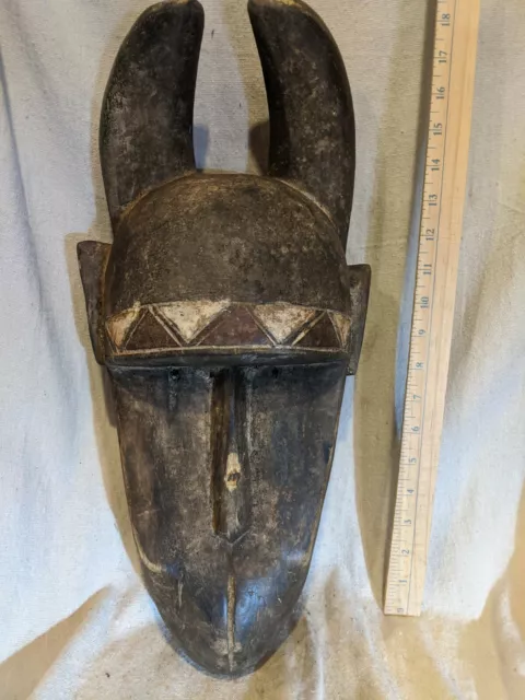 Heavy Horned Baule Kpan Mblo Portrait Mask — Authentic Carved African Wood Art