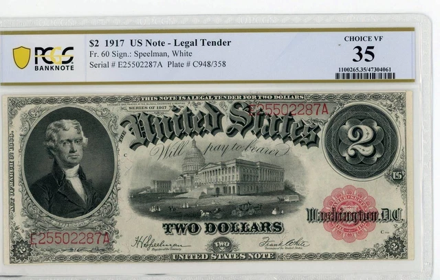 NobleSpirit No Reserve Fr 60 1917 $2 US Note Legal Tender PCGS VF 35