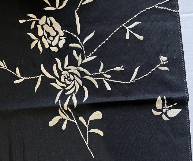 Robert Allen Embroidered Floral Firm Fabric Sample Black + Off White  24.5" SQ.
