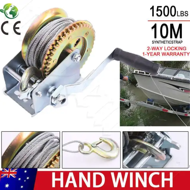 1500LBS/680KGS 2-Ways Steel Cable Hand Winch Manual Car Boat Trailer Camper AU
