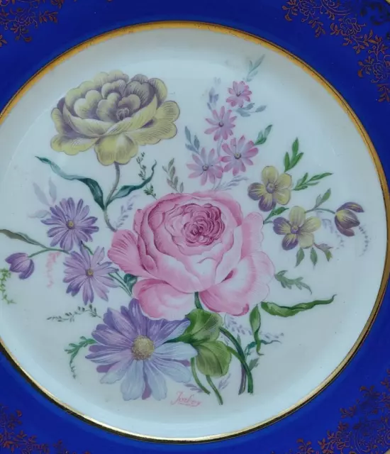 Ancienne miniature assiette décor Fragonard, en porcelaine de Limoges, AL Blanc/Bleu/Doré