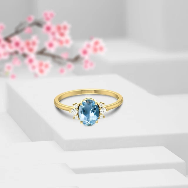 Natural oval cut santa maria aquamarine 14k gold ring, Faceted aquamarine ring
