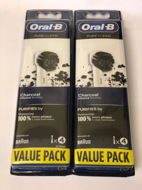 Paquete de 2 x 4 cabezales de cepillo Oral-B cerdas infundidas carbón puro limpio NUEVO