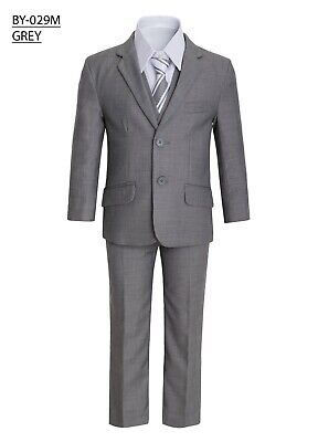 Magen Boys gray FORMAL SLIM FIT suit 5 pcs set coat,vest,pant,shirt,clip tie 29