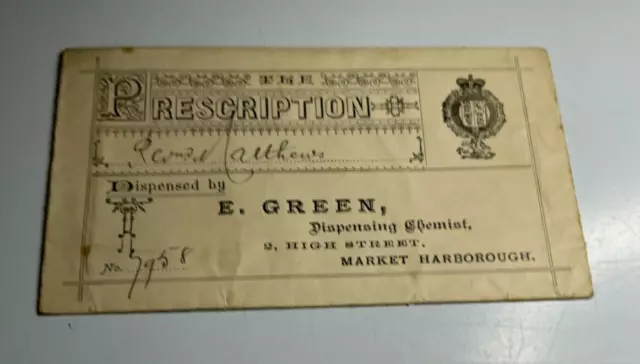Antique Prescription Envelope E Green Chemist Market Harborough to Rev'd althems 3