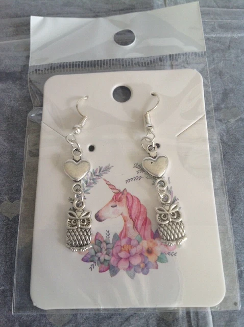 BN Handmade Silver Tone Owl Earrings With Display Card
