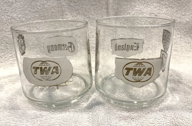 TWA Trans World Airlines Mid Century Gold Trim World Destination Hiball Glasses
