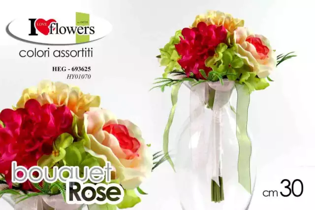 Bouquet Rose 30 Cm Mazzo Mazzolino Fiori Finti Rosa Fiore Artificiale Stelo