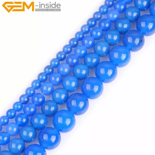 Blue Agate Round Smooth Gemstone Loose Beads For Jewelry Making Strand 15"