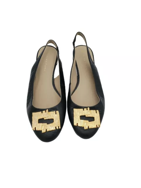 Trina Turk St. Helena Flats 6.5M Womens Black Leather Slingback Gold Accent Slip 2