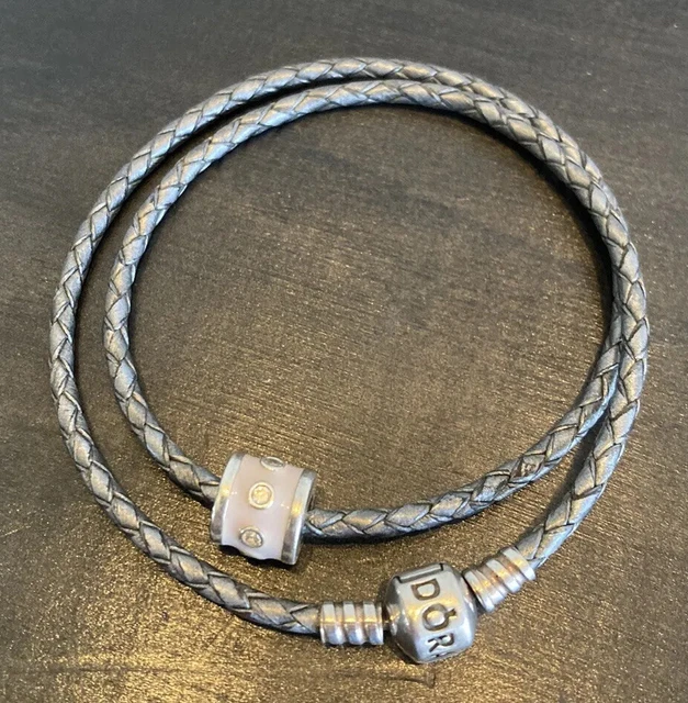 Authentic PANDORA 925 Gray Braided Double Leather Charm Bracelet, 16”  W Charm