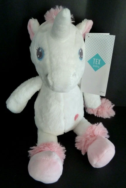 J1. DOUDOU PELUCHE TEX BABY LICORNE ROSE BLANC COEUR PATTES 33cm NEUF ETIQUETTE