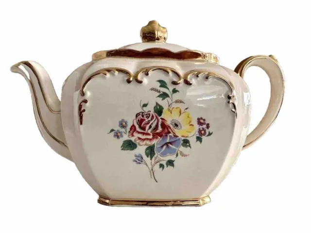 1940’s Sadler England Cube Teapot Multi Color Flowers Gold Gilt Trim 2569 VTG