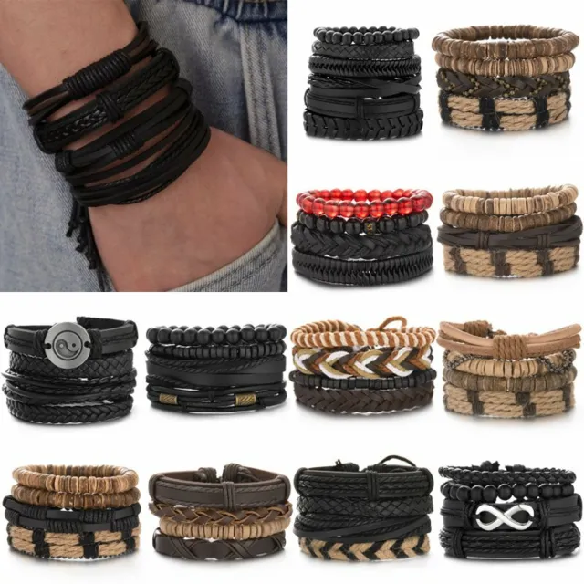 4/5pcs/set Multilayer Leather Bead Infinity Bracelet Men Women Wristband Bangle