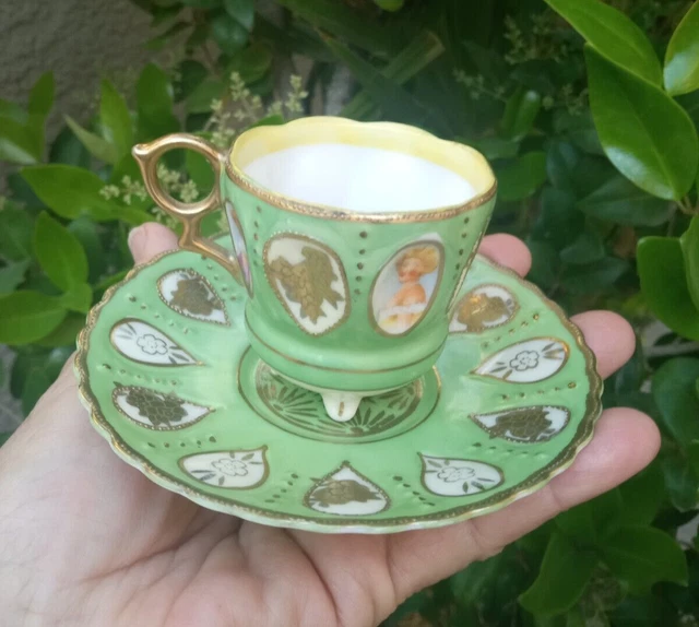 Vintage  Demitasse Cup & Saucer Set Footed Portrait Gold Gilt  Occupied Japan