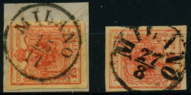 LOMBARDEI-VENETIEN 1850 2MARKE:15C, HP und 15C. MP Verschiedene MILANO stempeln