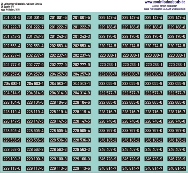 TT-Loknummern DR bis DB-AG Diesel, weiß auf Schwarz, Kreye Decals 120-1650