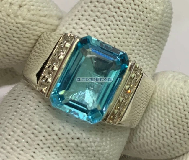 Natürlich Blau Topas Edelstein Mit 14K Weiß Vergoldet Silberring für Herren #602