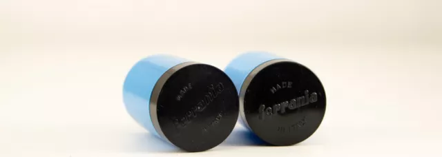 FERRANIA 35mm PLASTIC FILM CANISTER, BLUE WITH BLACK CAP