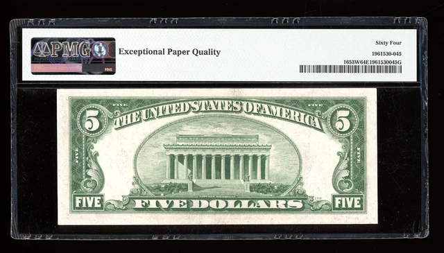 DBR $5 1934-C Silver Fr. 1653W PA Block Wide Face PMG 64 EPQ Serial P90342588A 2