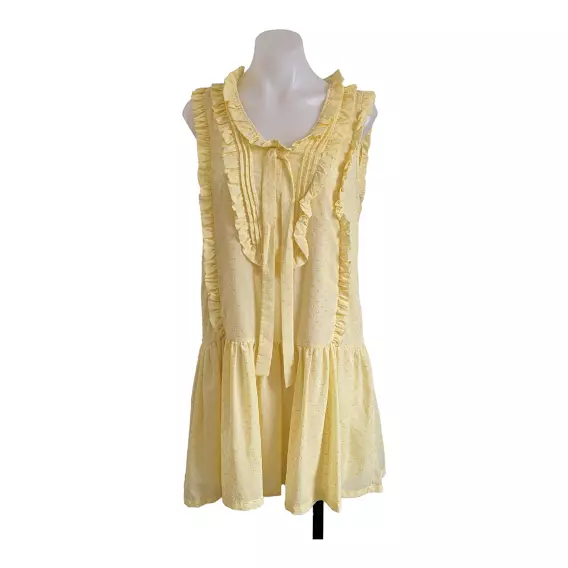 Deby Debo Size Small Shift Mini Dress Yellow Swiss Dot Ruffled Tie Front