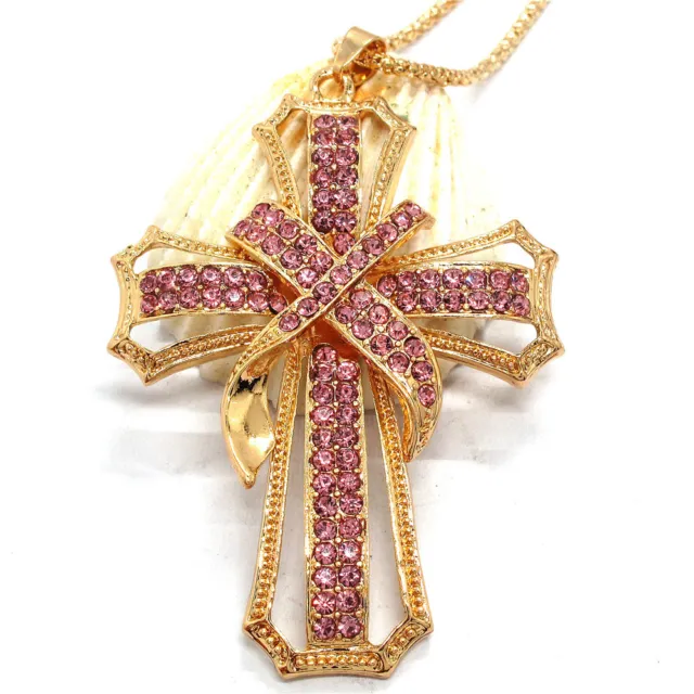 Hot Pink Rhinestone Cross Bling Crystal Pendant Fashion Women Necklace