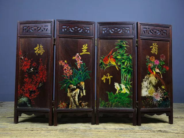 Collect Chinese Rosewood Hollow Out Carved 4 Panel Folding Painted (梅兰竹菊) Screen