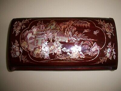 Antique Japanese Wood Mother Of Pearl Inlay Cigarette Snuff Box Combo  7.5" x 4"