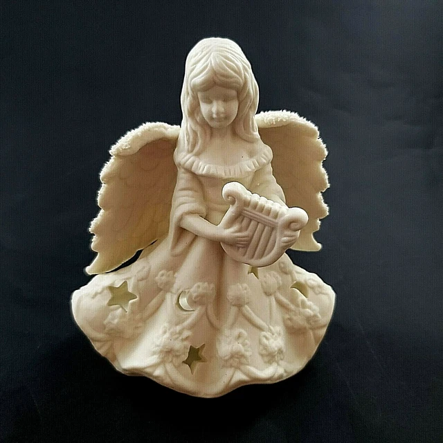 Vela de cerámica Votiva Luminaria Bisque Ángel Blanco 5,25" Estrella de Navidad Arpa de Luna