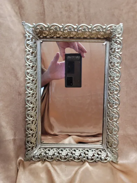 Vintage Mirrored Vanity Dresser Perfume Tray w/ Gold Filigree Ornate Metal Frame