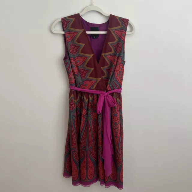 Anna Sui Anthropologie Purple Paisley Silk Wrap Dress Size 8