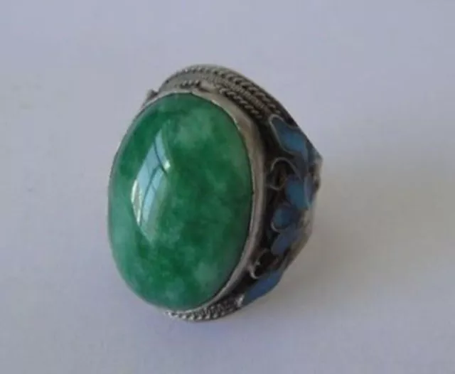 Old Chinese Green Jade Tibet Silver Enamel Flower handmade Adjust Ring