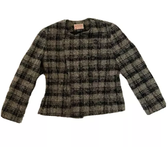 Donna Pendleton Lana Giacca Blazer Nero/Grigio a Bottoni Plaid Stampato Piccola