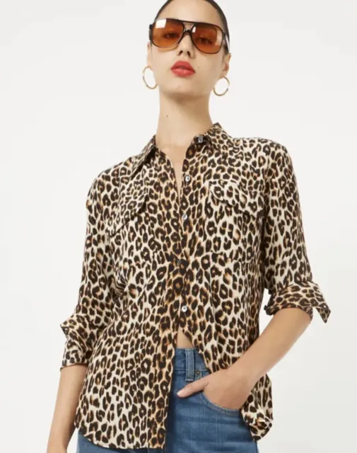 Equipment Signature Lux Silk Blouse Top Shirt Leopard Animal MINT Medium