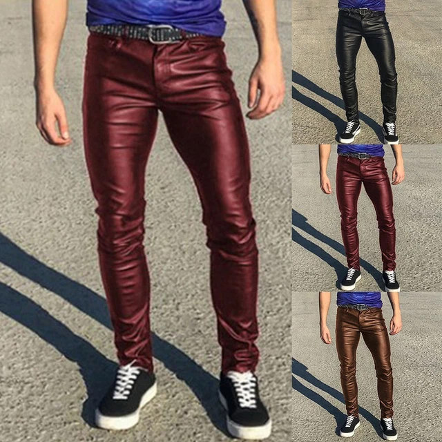 Comodi pantaloni uomo pantaloni lunghi materiale PU punk regolari slim pants