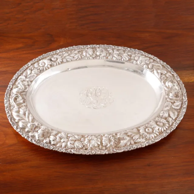 Large Stieff Sterling Silver Platter Tray #90 Hand Chased Repousse Floral 16"