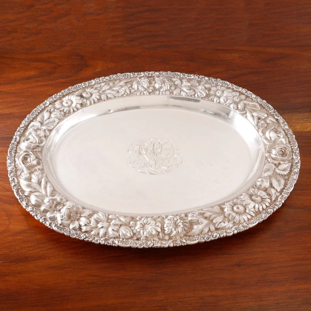Large Stieff Sterling Silver Platter Tray #90 Hand Chased Repousse Floral 16"