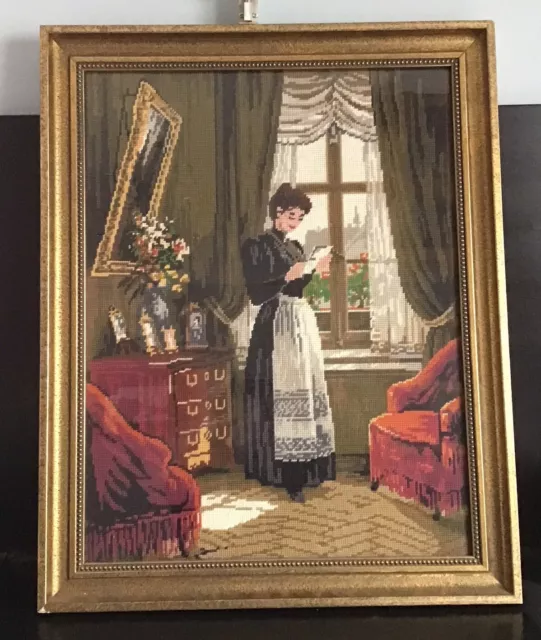 Stunning Vintage Large Needlework Picture Of A Victorian Lady Reading Framed