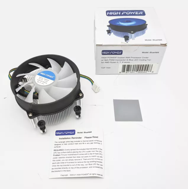 HIGH POWER® BlueAM4 AMD Ryzen Socket AM4/ AM5 PWM CPU Cooler Fan w/ Thermal Pad