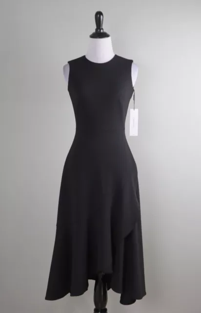 CALVIN KLEIN NWT $129 Solid Black Crepe Stretch Flounce Midi Dress Size 0 Petite